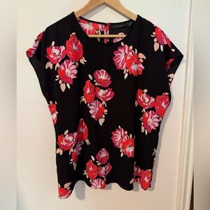 Halogen Black Pink Red Floral Print Cap Sleeve Boxy Blouse Top Size Medium